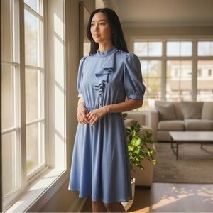 Vintage Elegant Blue Ruffled Dress